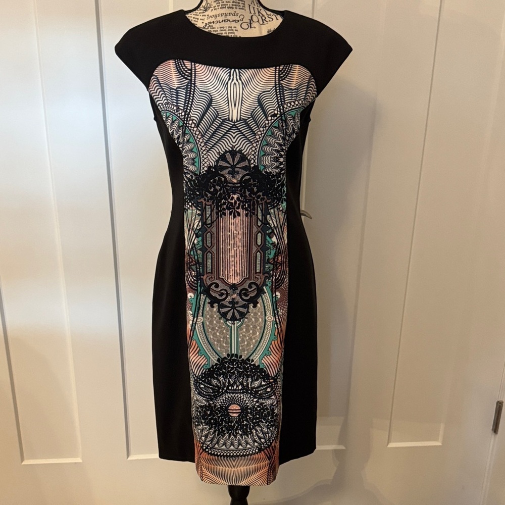 London Times Black and Multicolor Graphic Midi Dress